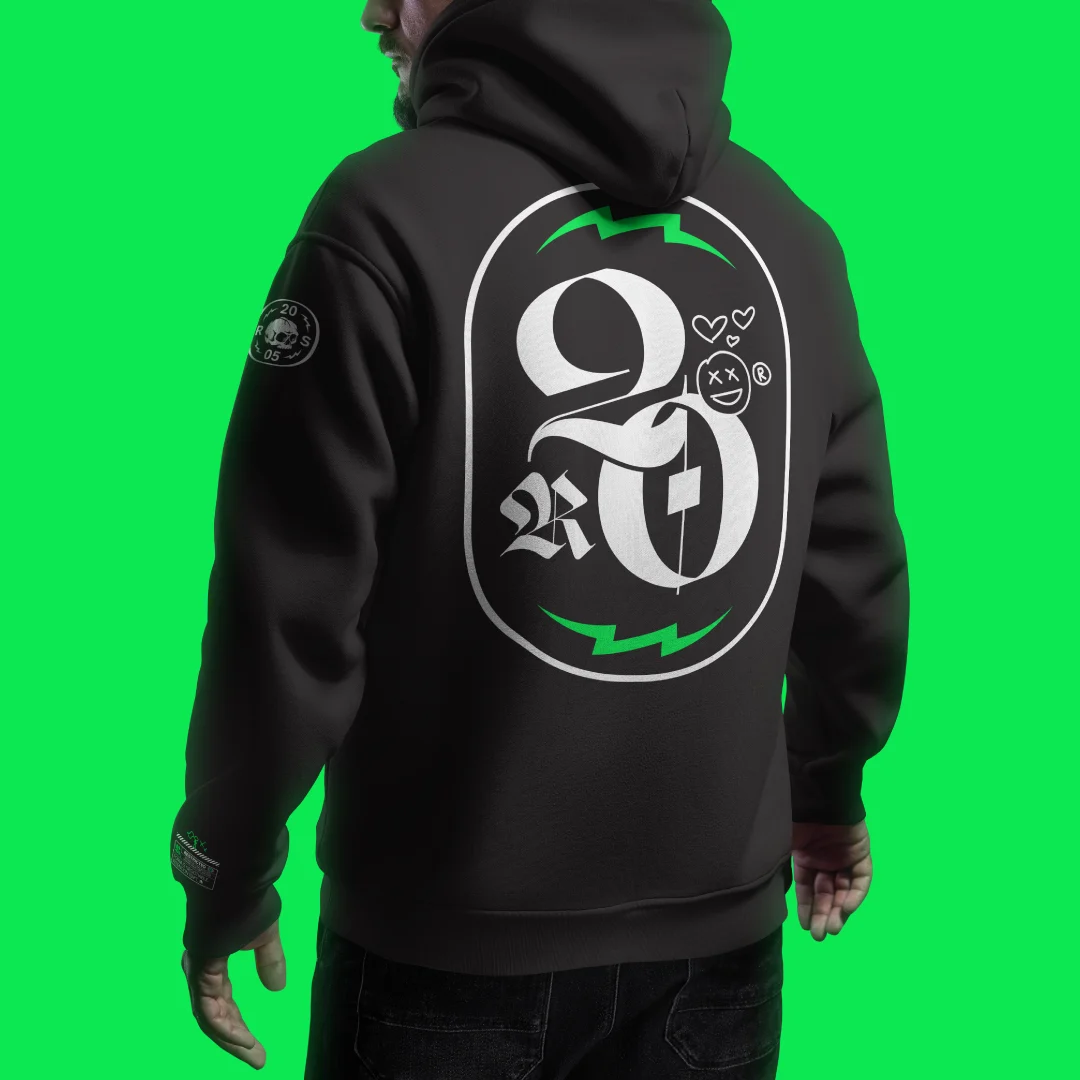 rs20 — black hoodie with the anniversary emblem