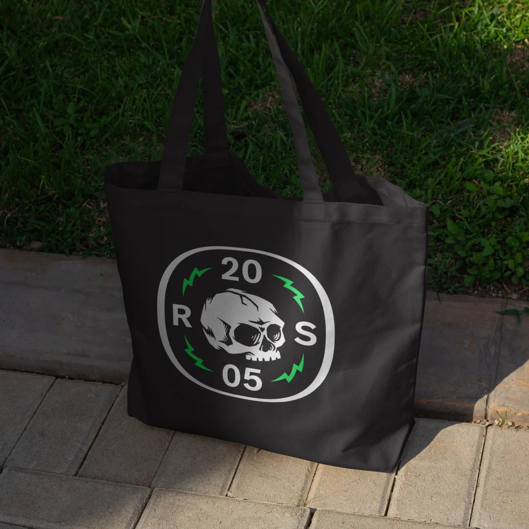 rs20 — black tote bag with the anniversary skull emblem