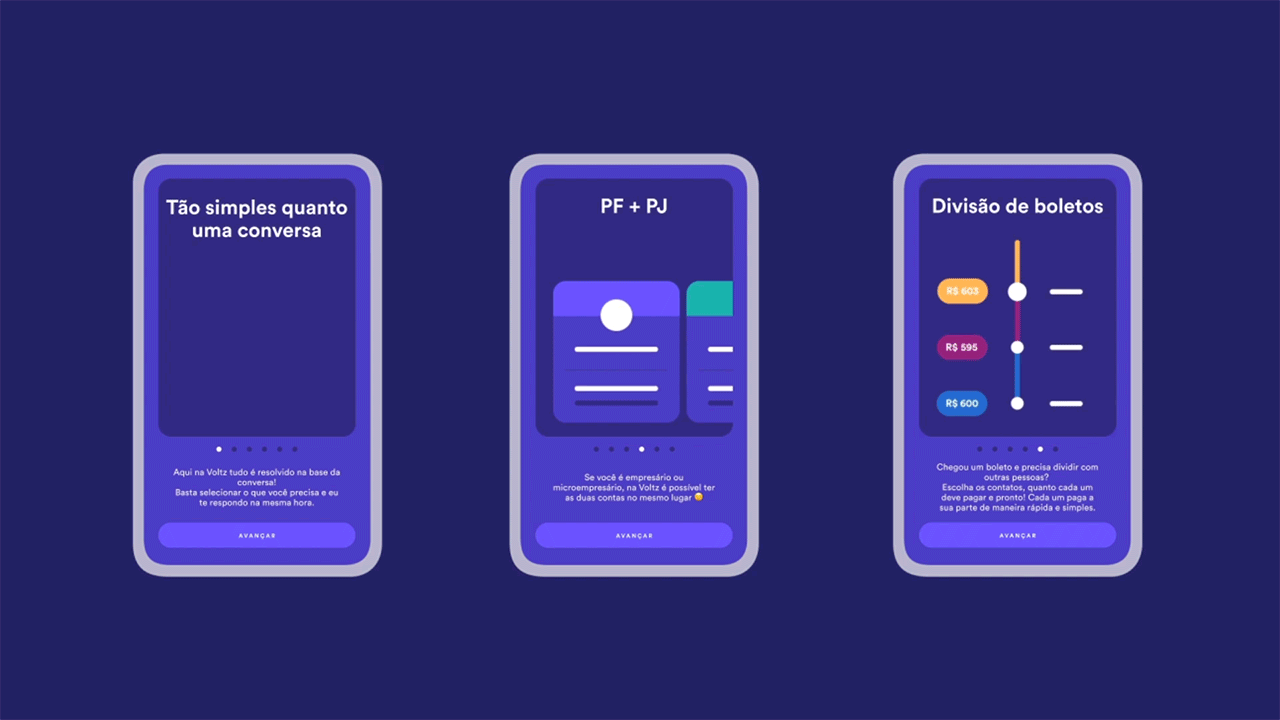 voltz — animated onboarding, personal and business accounts and bill splitting
