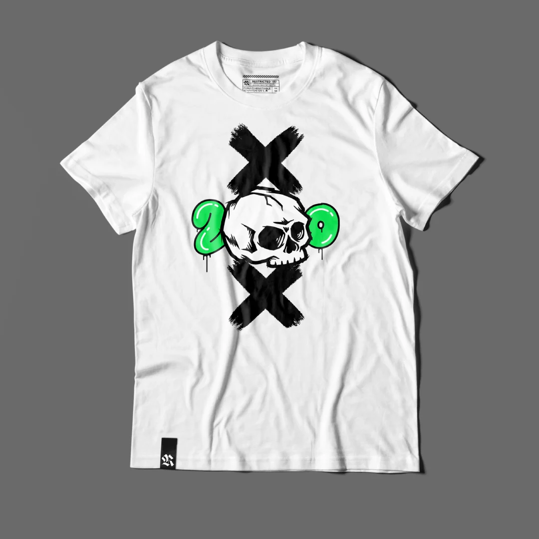rs20 — white t-shirt with skull, lettering and brush marks