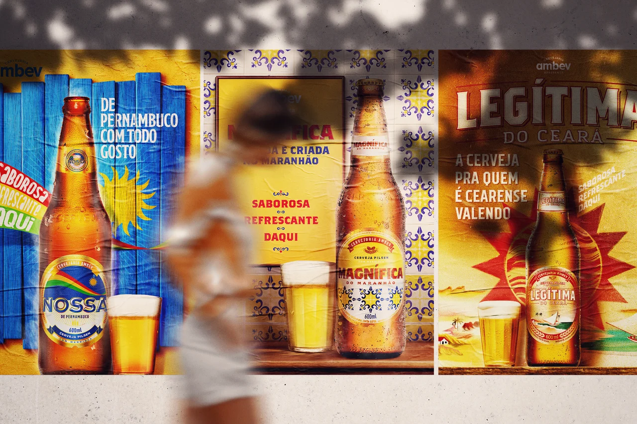 ambev roots — nossa, magnífica and legítima posters displayed on a street wall