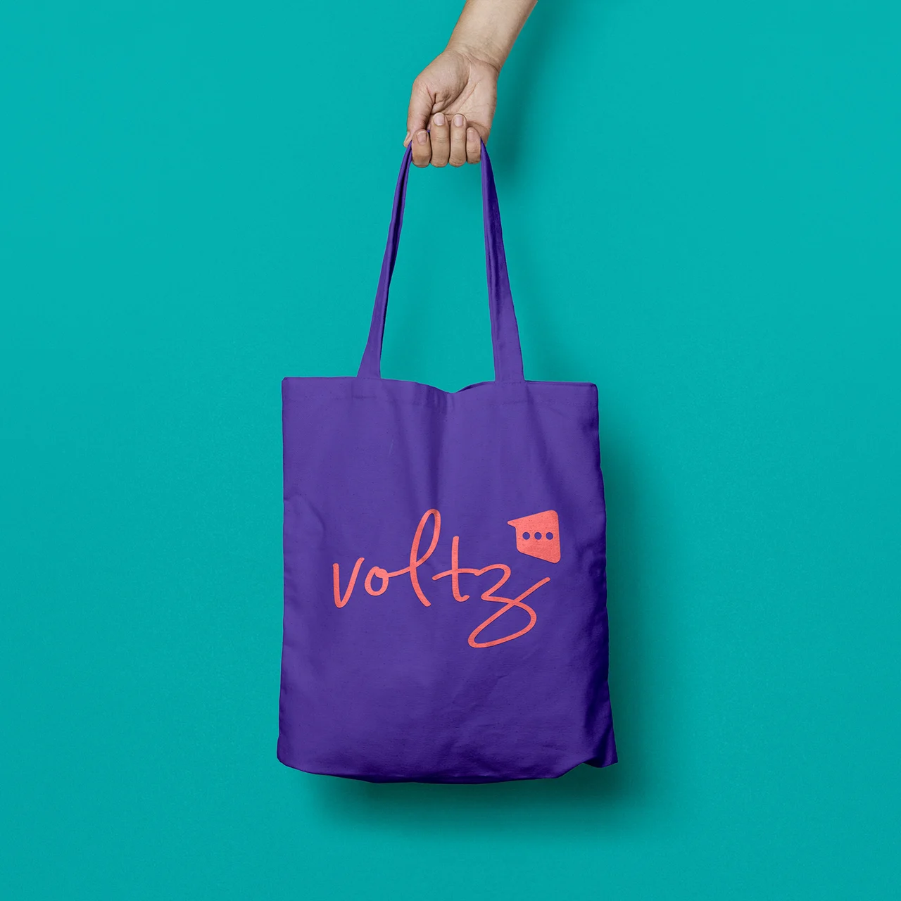voltz — purple tote bag on a turquoise background