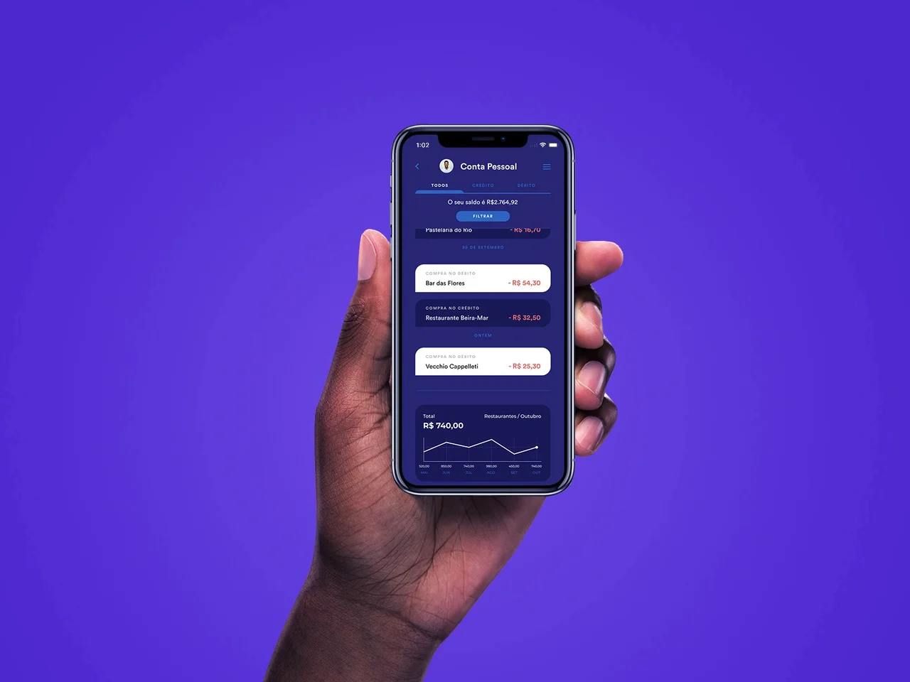 voltz — bank statement interface on a phone held in a hand