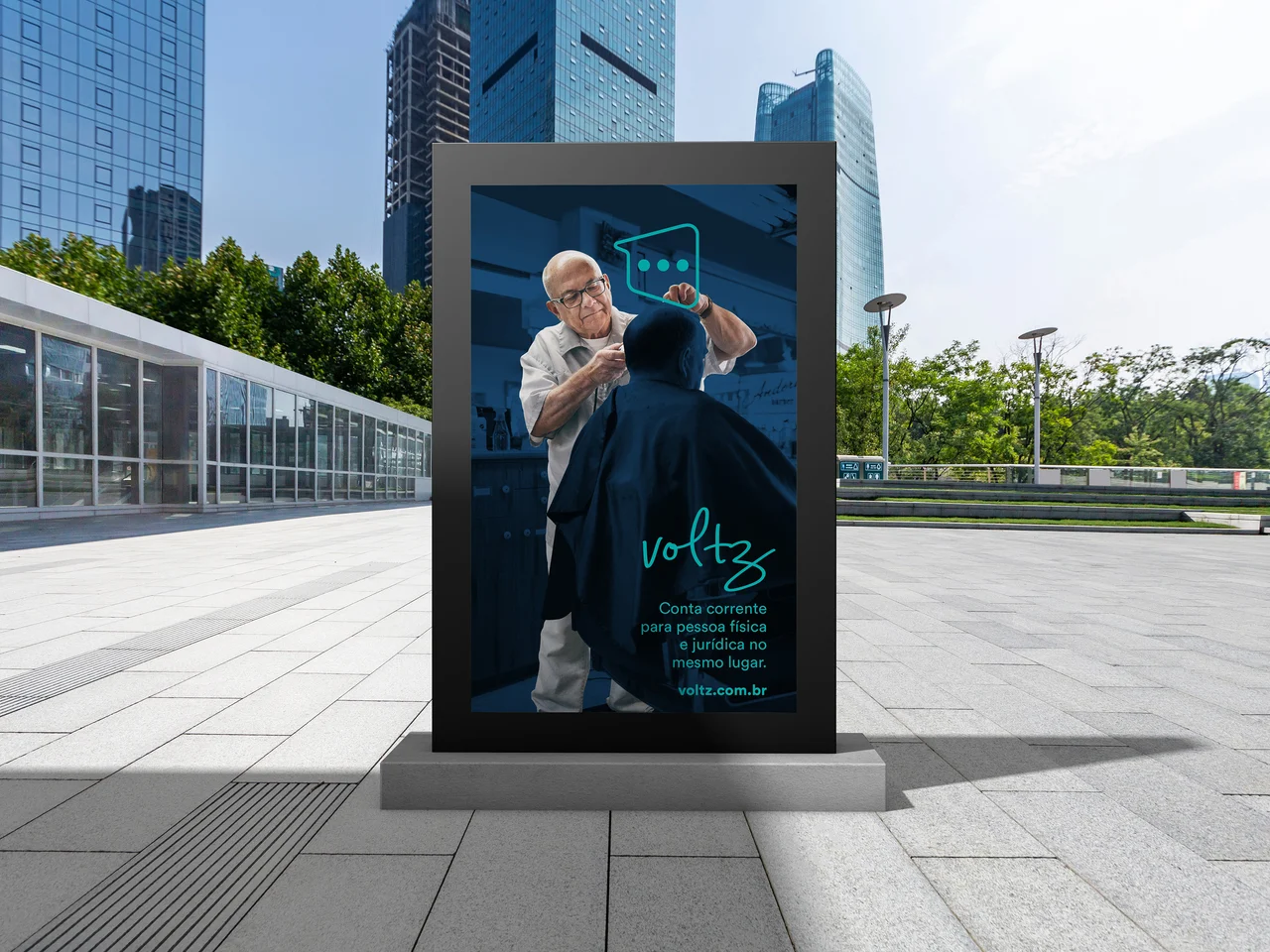 voltz — street poster with a barber and the personal and business accounts message