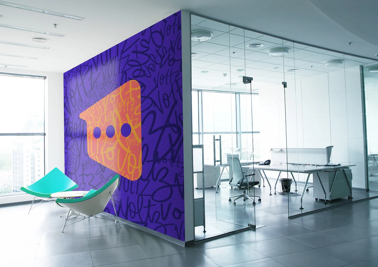 voltz — office environment with the brand symbol and lettering