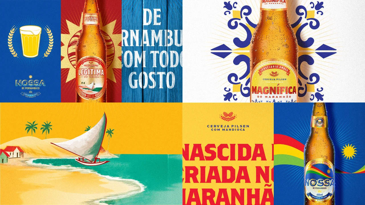 ambev roots — colour, illustration, lettering and packaging across the three identities